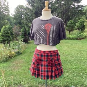 Upcycled vintage Orvis red plaid pleated mini skirt/net crinoline pockets Sz Med